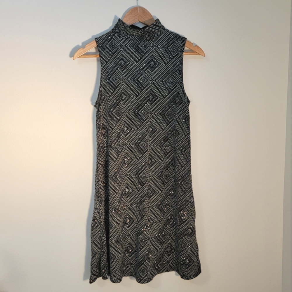vintage black silver flared mini party dress stretch jersey mock neck y2k